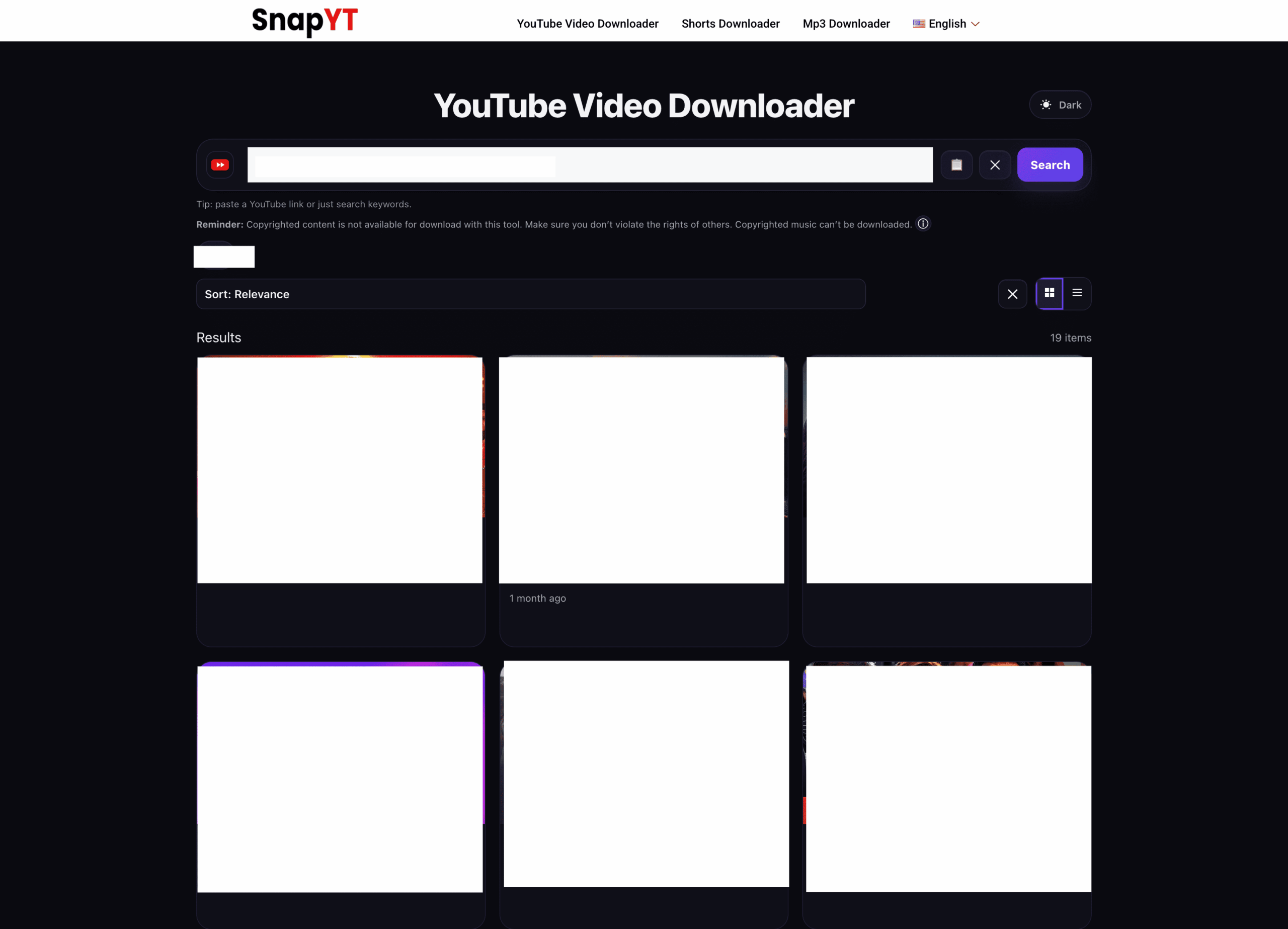 Stránka výsledků vyhledávání SnapYT s klikacími kartami videí